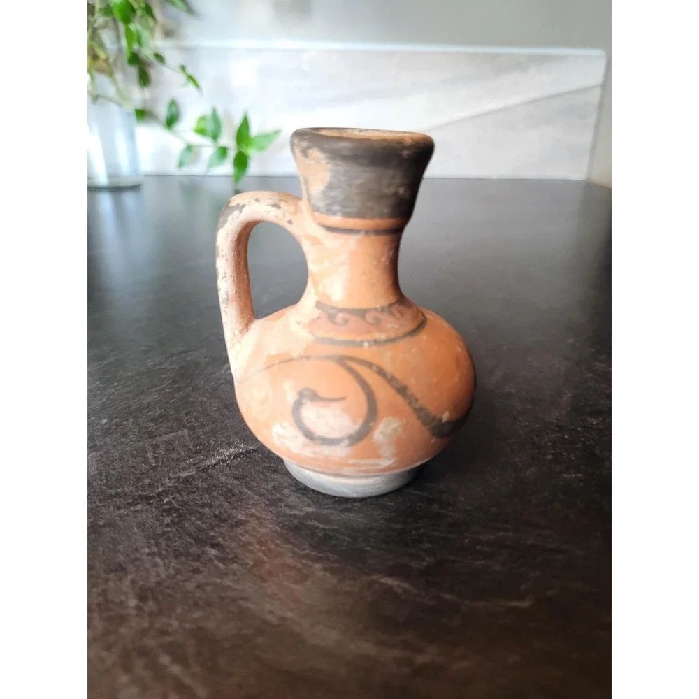 Vintage Greek Style Terracotta Miniature Jug Hand Painted‎ Helmeted Figure 3